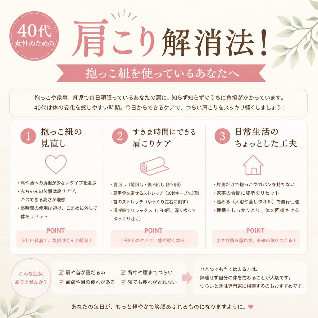 40代女性の肩こり、抱っこ紐を使っているあなたへ|茨城県ひたちなか市で整体ならBody Make Salute